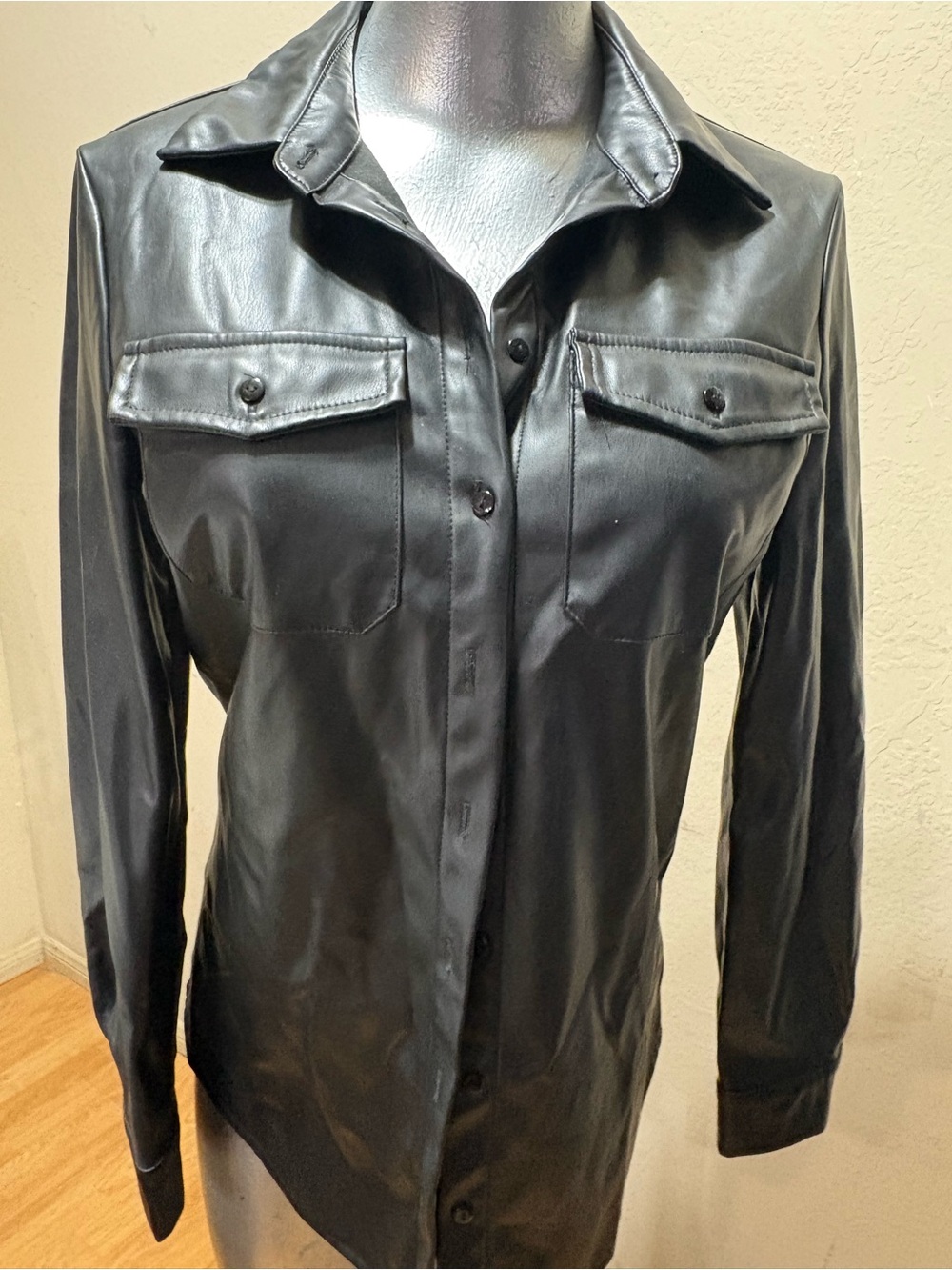 Black Faux Leather Button-Front Women's Shirt Jacket